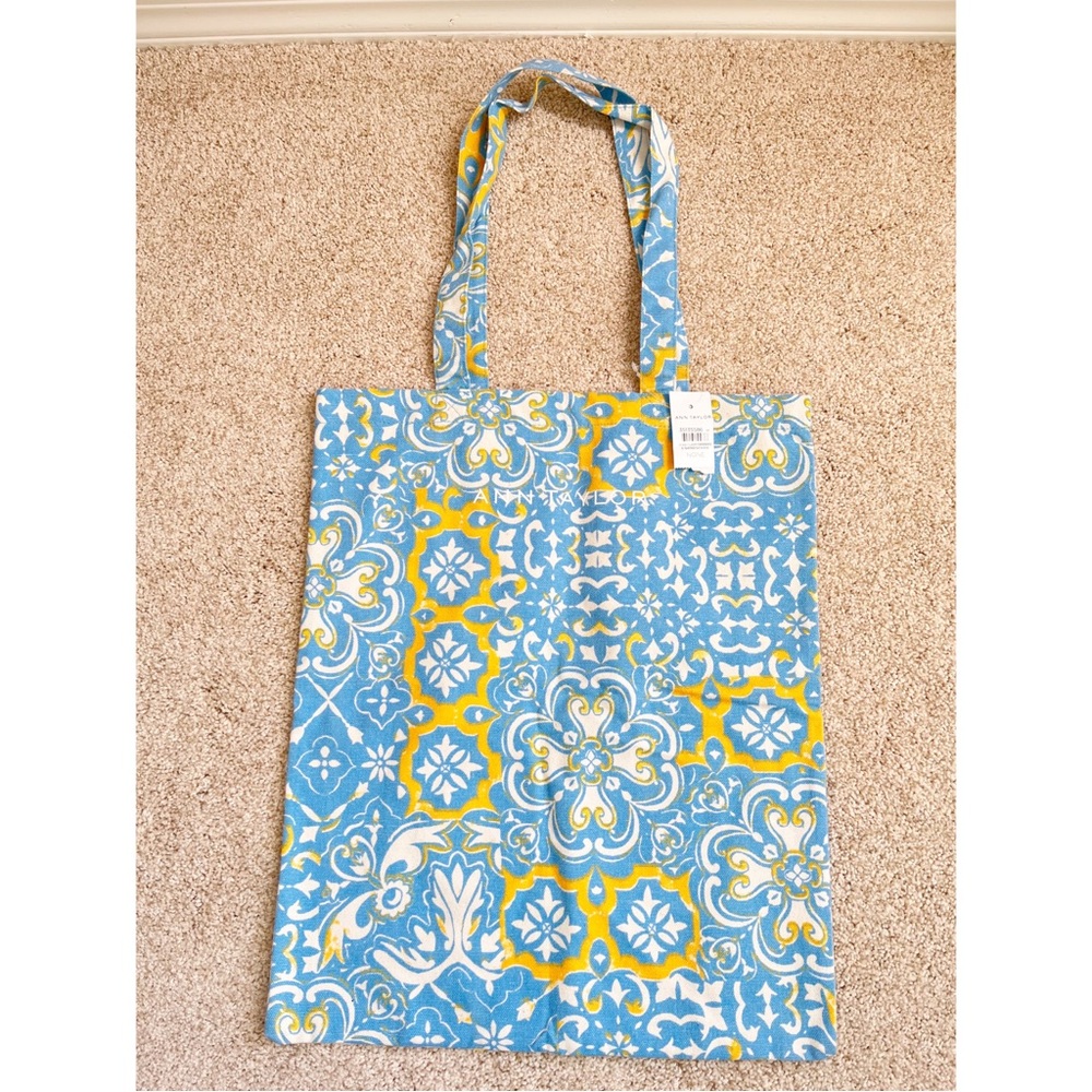 Ann Taylor Blue and Yellow Patten Tote Bag
